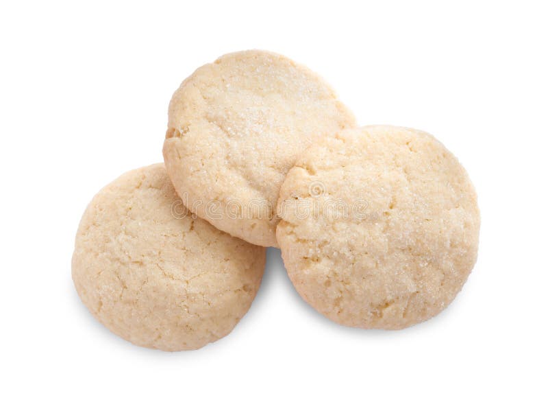 Three Tasty Sugar Cookies Isolated on White, Top View Stock Photo
