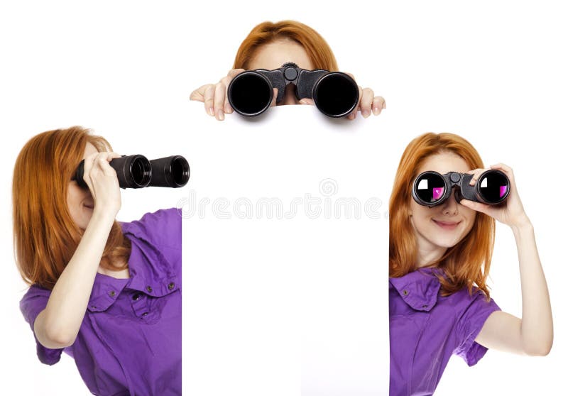 Three teen redhead girls with binoculars