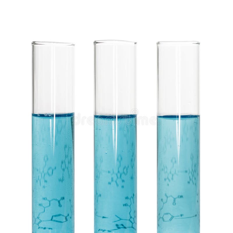 Three test tubes with blue liquids and sheet of paper with formulas isolated on white background.