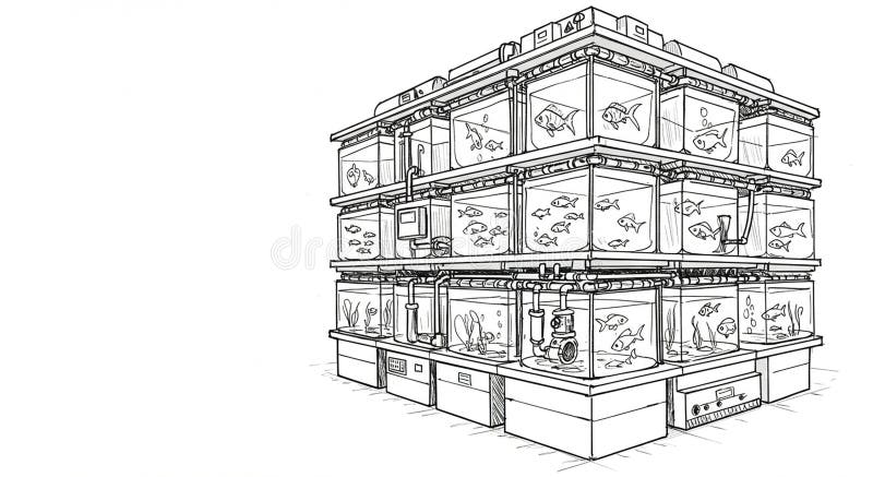 Three-tiered aquarium system consisting of multiple interconnected glass tanks, each royalty free illustration