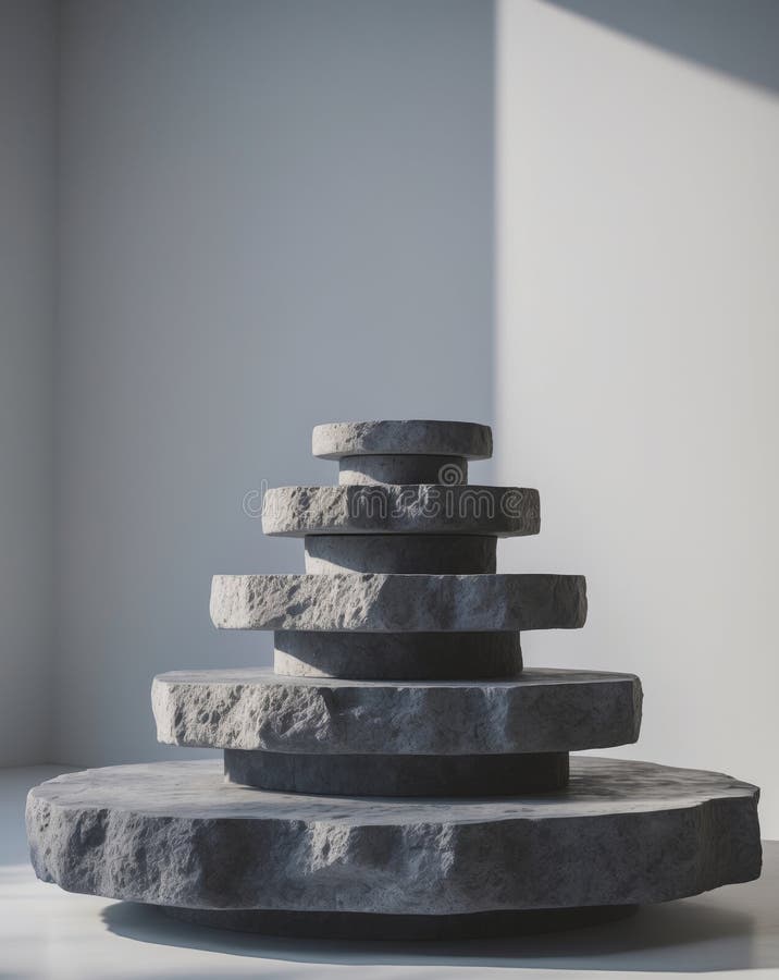 Three Tiered Stone Platform Display with Rough Texture and Moody Lighting Style stock images