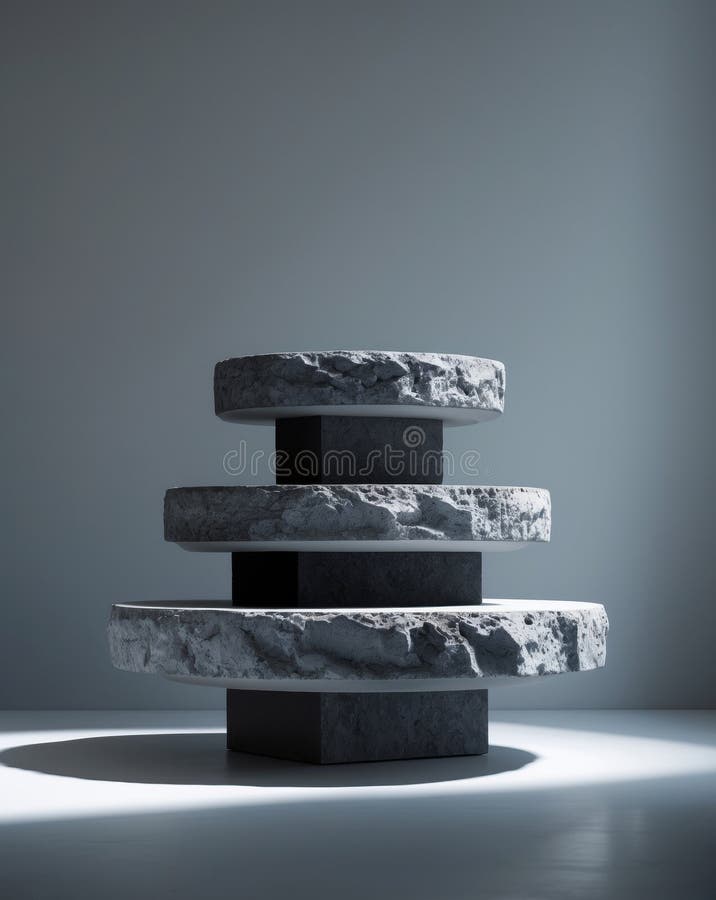 Three Tiered Stone Platform Display with Rough Texture and Moody Lighting Style. stock images