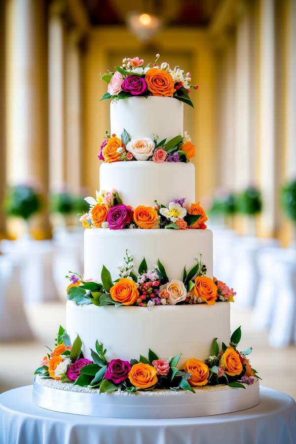 A three tiered wedding cake with flowers on top of it stock photo