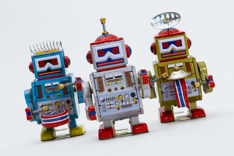 Three Tin Toy Robots stock image. Image of attack, classic 58609963
