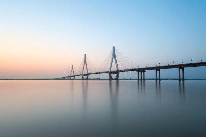 Three towers of cable-stayed bridge stock image