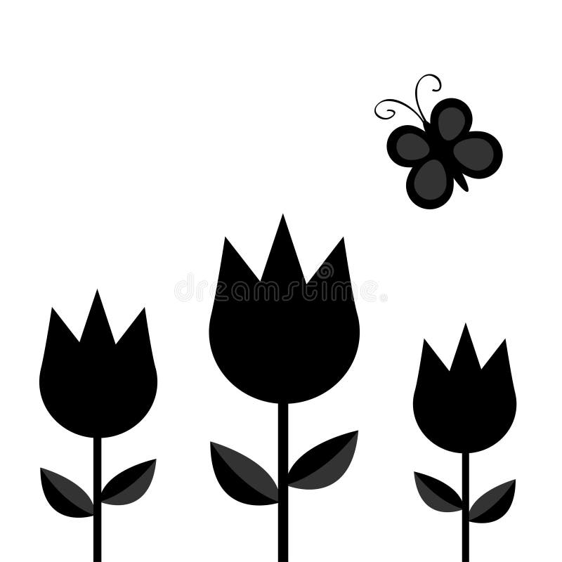 Three tulip flower set with leaf and flying butterfly insect black silhouette shape form. Simple sticker template. Floral plant de