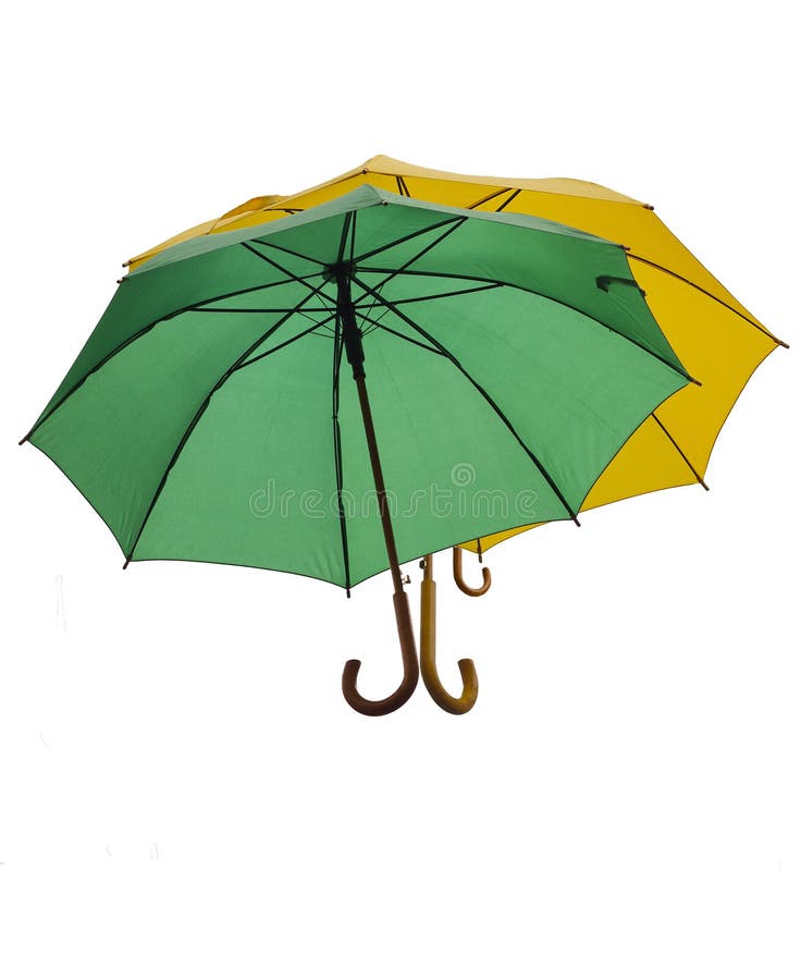 Green And Yellow Umbrella Isolated On White Background. Stock Photo