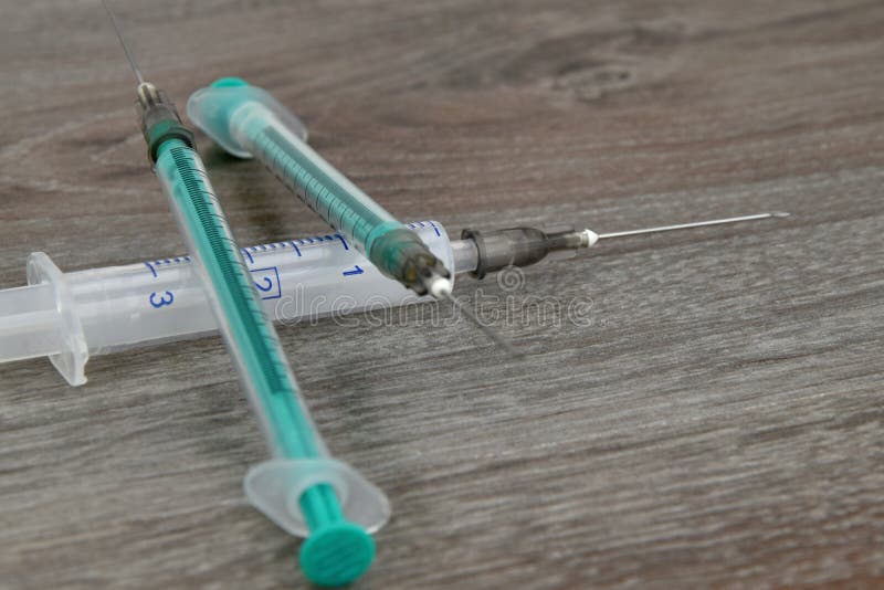 Three Used Medical Syringes. Hospital Tools. Syringe Stock Image
