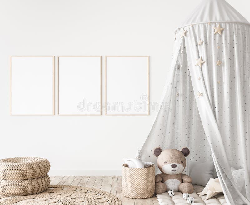 Three vertical frames in children room mock up, kids room design in farmhouse style. With unisex furniture design