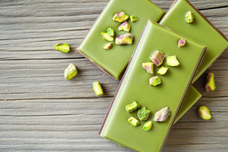 Delicious green chocolate bars topped with pistachios resting on a rustic wooden table stock photos