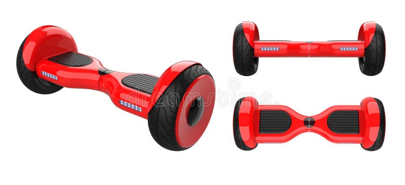 Three view of red hoverboard, dual wheel self balancing scooter. 3d rendering of self-balancing board, isolated on