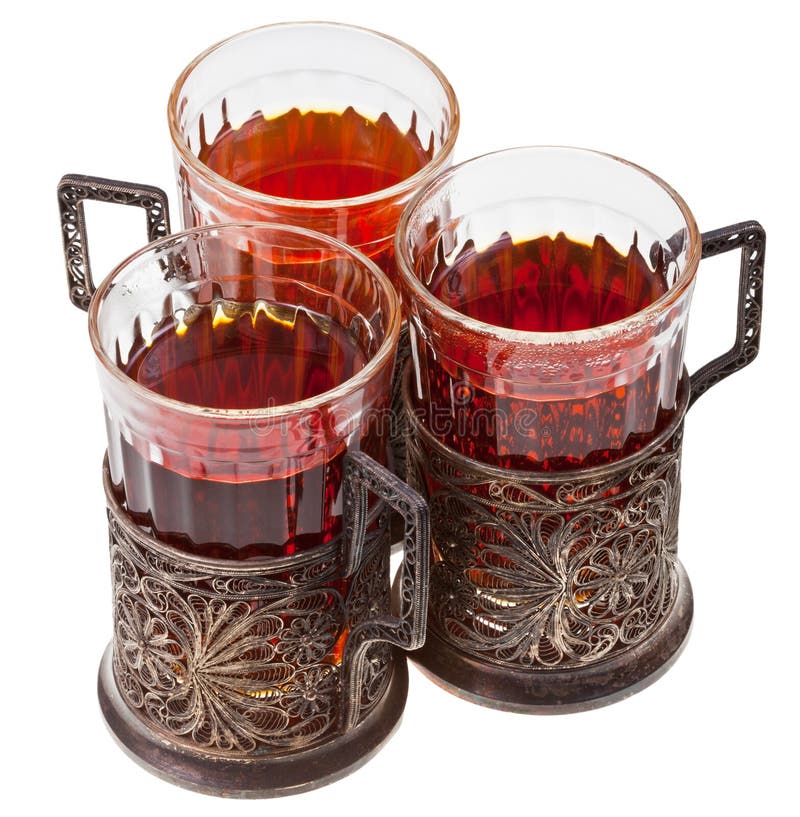 Three Vintage Glasses in Nickel Silver Glassholder Stock Photo Image