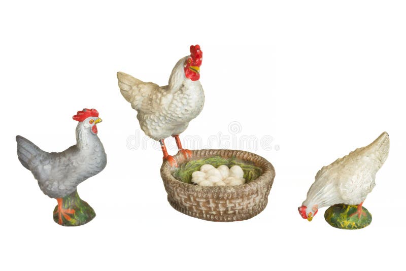 Three Vintage Toy Chickens with Basket Filled with Eggs Isolated on