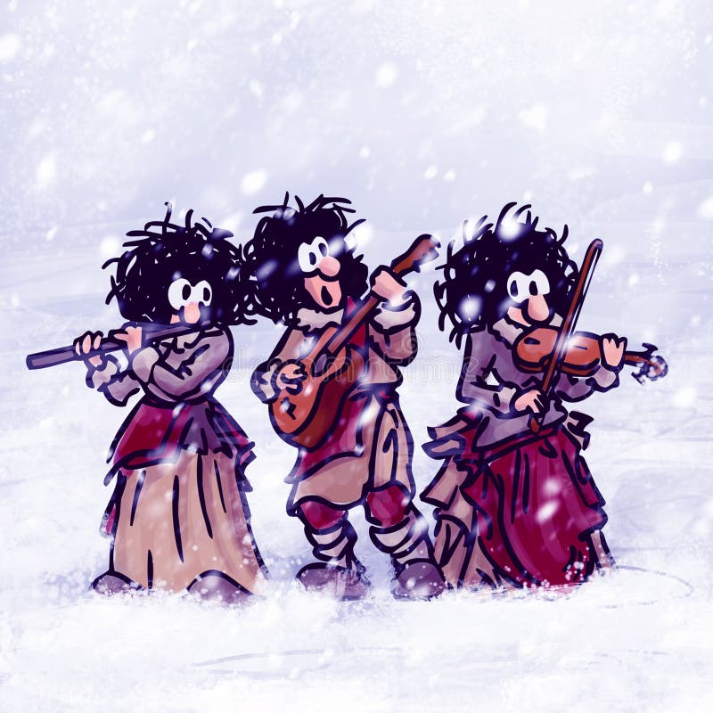 Three wandering musicians play music, winter, snowing stock illustration Three wandering musicians play music, winter, snowing stock illustration