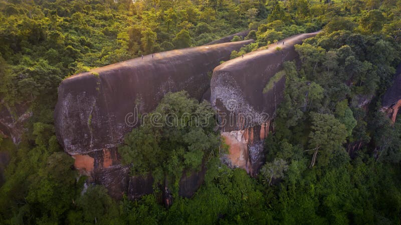Three whale stones is Popular natural attractions in Thailand. Bird eye view shot of three whales rock in Phu Sing Country park in Bungkarn, Thailand
