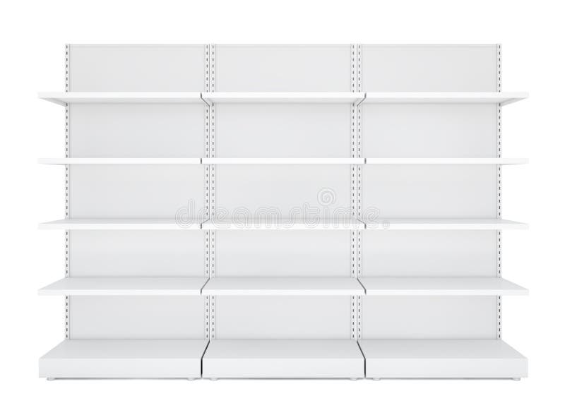 Three white blank empty retail shelves