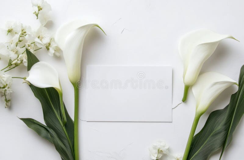 Beautiful white calla lilies arranged on a table with a blank card royalty free illustration