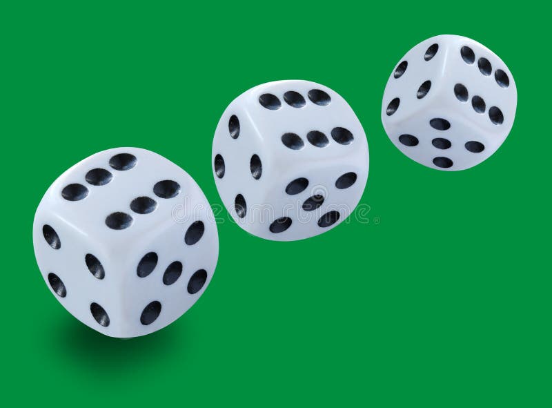 Three White Dices Of Different Size Thrown In A Craps Game, Yatzy Or Any Kind Of Dice Game Against A Green Background