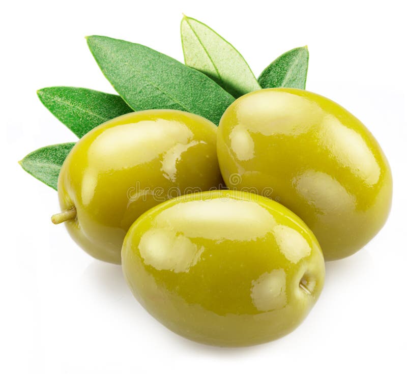 Three Whole Black Olives with Olive Leaves Isolated on White Background