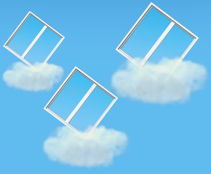 Three windows fly on clouds along sky