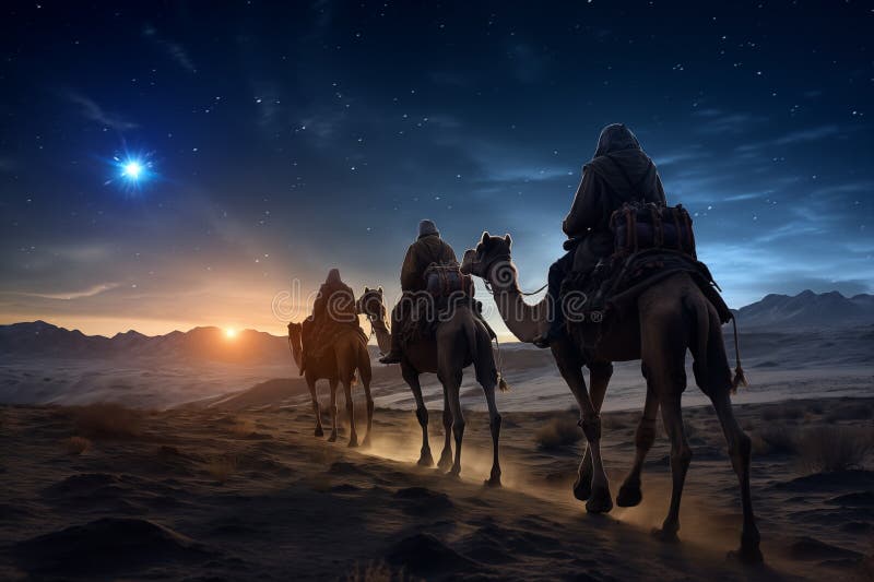Three Wise Men, Three Kings Follow Bethlehem Star in the Night Stock ...