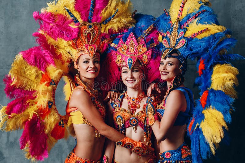 Three Woman in Brazilian Samba Carnival Costume with Colorful Feathers  Plumage Stock Photo - Image of parade, posing: 222341262
