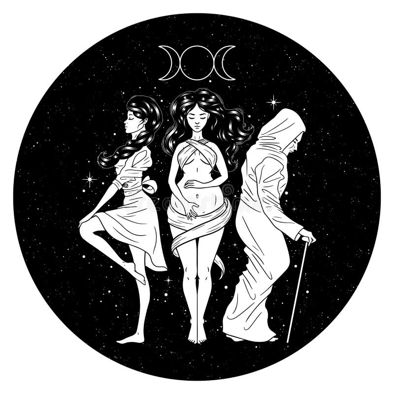 Three women figures, symbol of Triple goddess as Maiden, Mother and Crone, moon phases. Hekate, mythology, wicca, witchcraft.