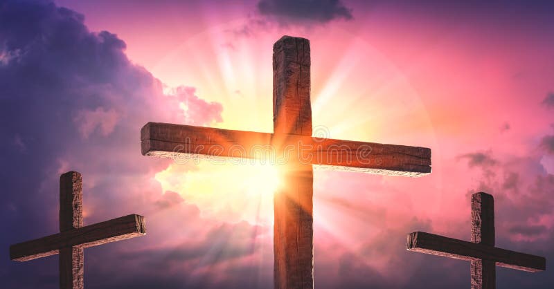 Three Wooden Crosses With Sunrise And Clouds Background - Death And Resurrection Of Jesus Christ