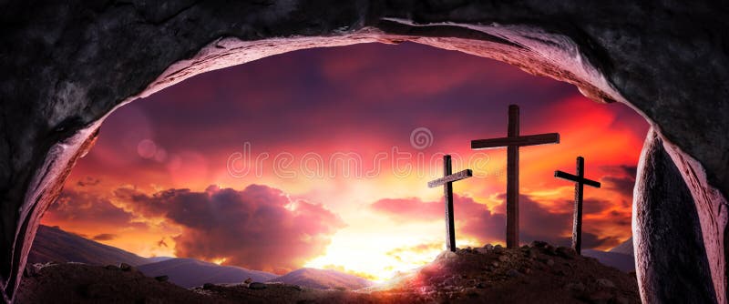 Three Wooden Crosses And Sunrise From Open Tomb