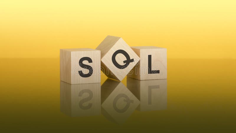 Three wooden cubes with the letters SQL on the bright yellow surface. the inscription on the cubes is reflected from the. wooden blocks with text SQL on yellow baclground. Structured Query Language concept