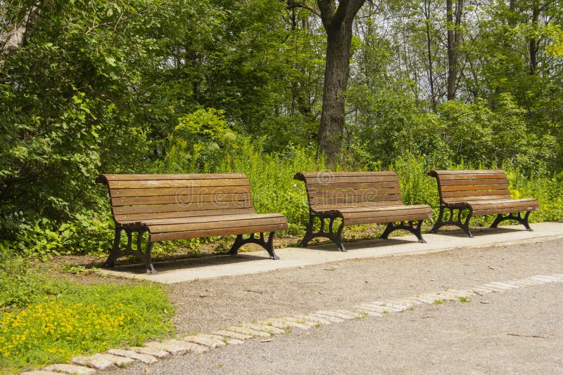 Three wooden park benches