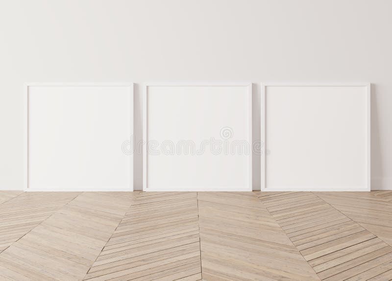 Three wooden square frames Standing on parquet floor with white background