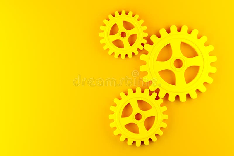 Three Yellow Mechanical Gear Cogwheels Over Yellow Background
