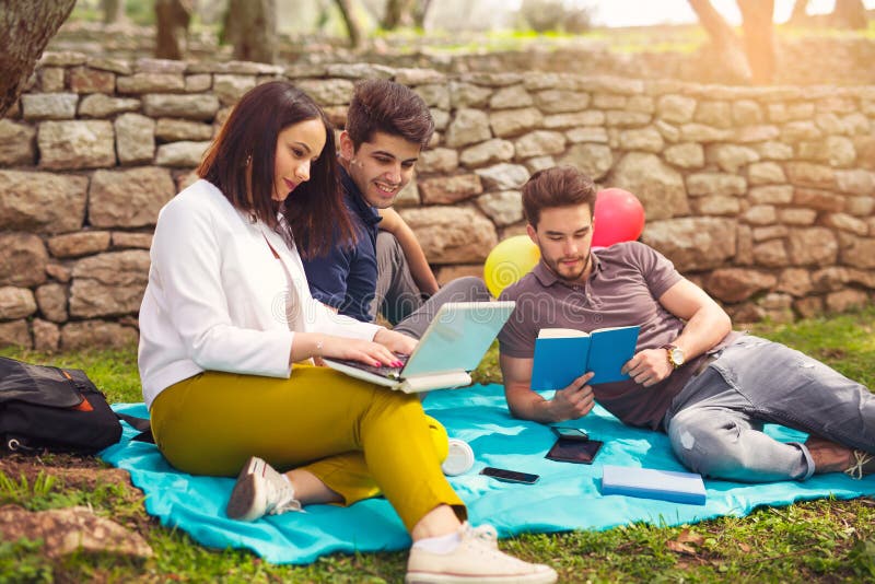 Three young people on picnic sitting on blanket under the olive stock image Three young people on picnic sitting on blanket under the olive stock image