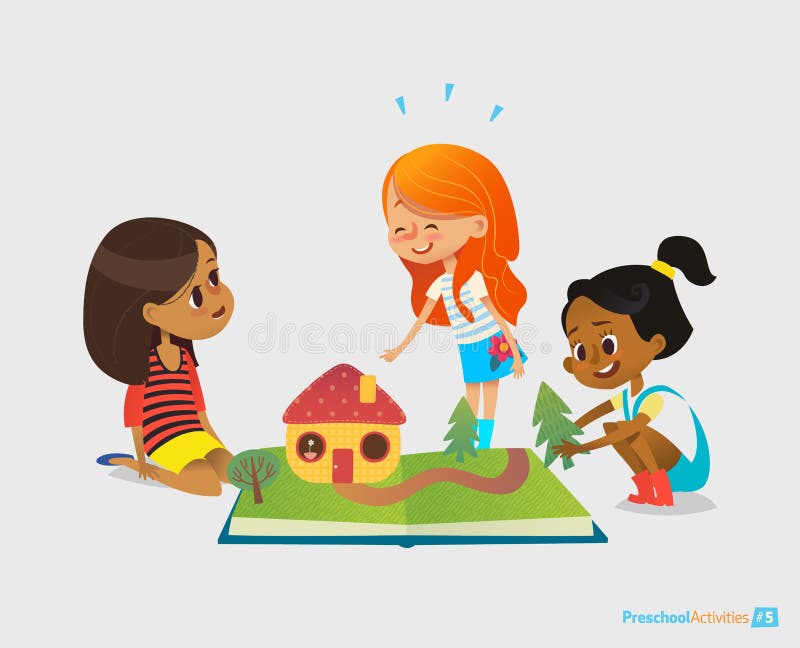 Three young smiling girls sit on floor, talk and play with pop-up book. Children`s entertainment and preschool
