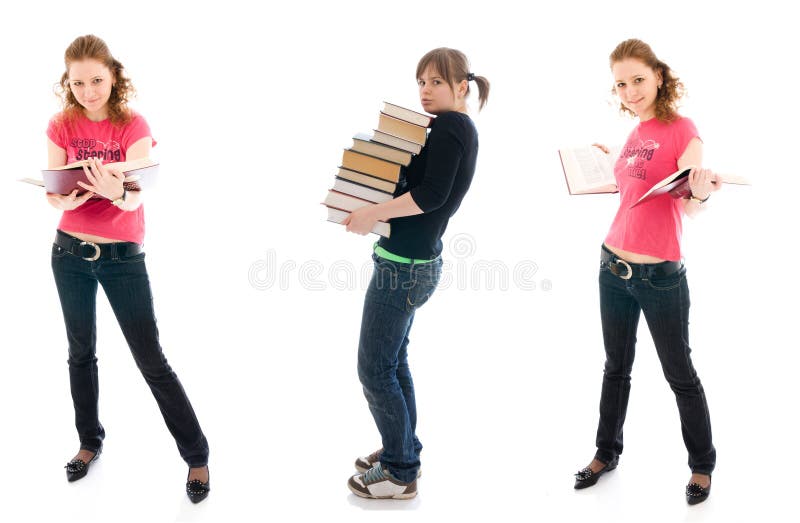 The three young student with a books isolated