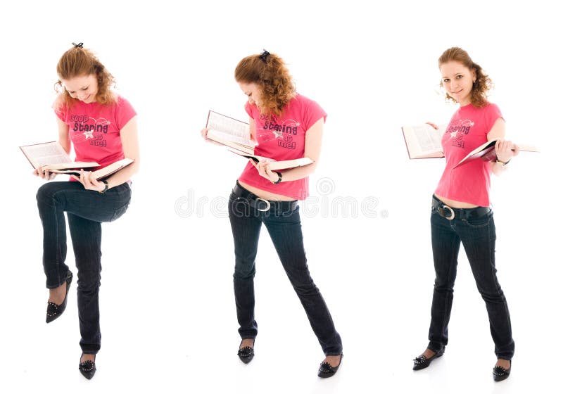 The three young student with a books isolated