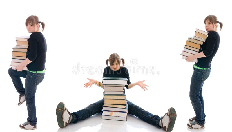 The three young student with a books isolated