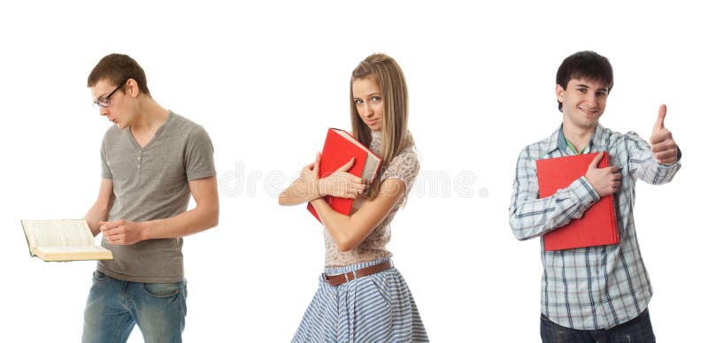 The three young students isolated on a white