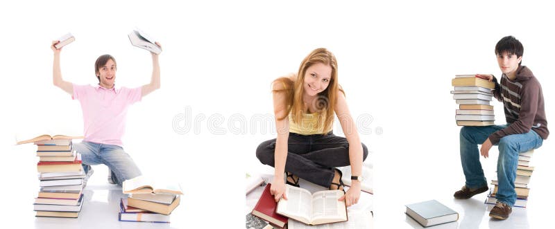 The three young students isolated on a white