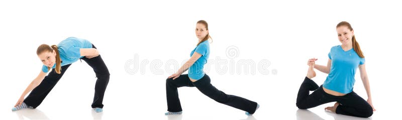 The three young woman doing exercise isolated