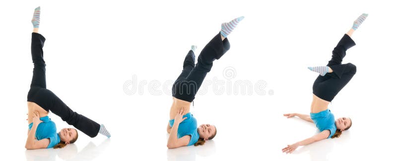 The three young woman doing exercise isolated