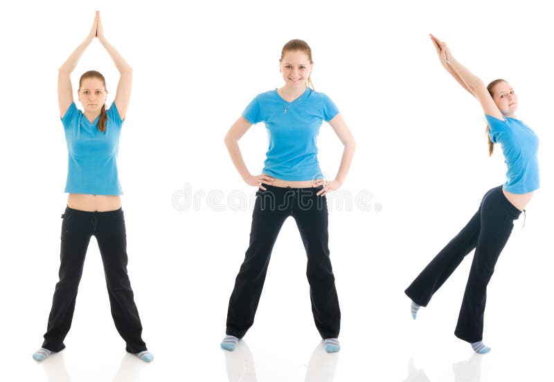 The three young woman doing exercise isolated