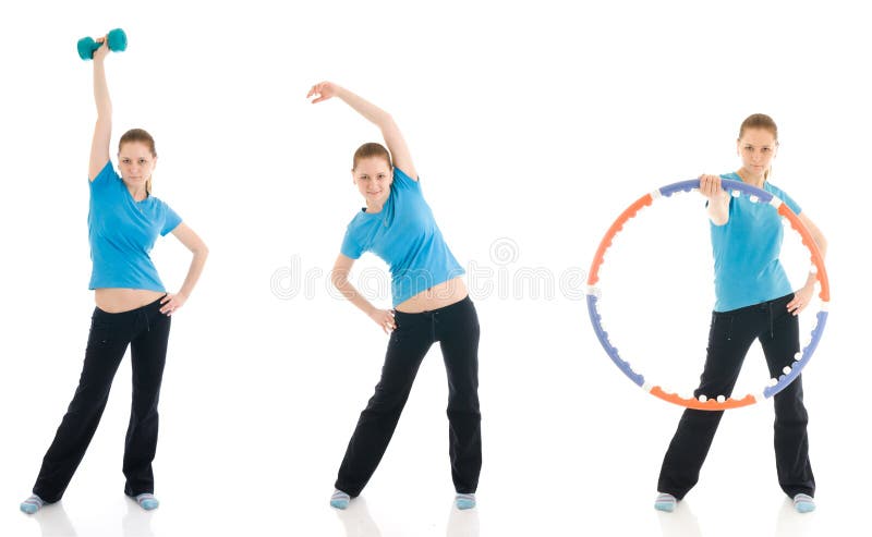 The three young woman doing exercise isolated