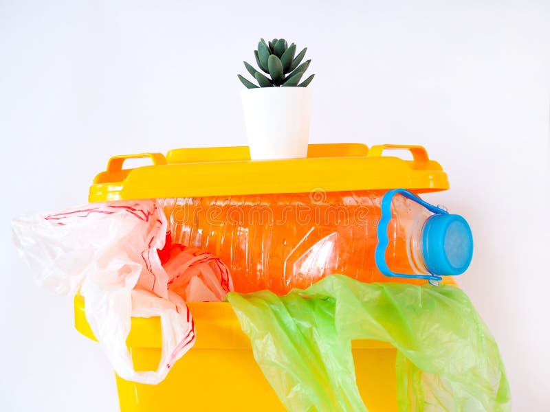 Throw the Plastic Waste into the Trash Recycling Bins Stock Image