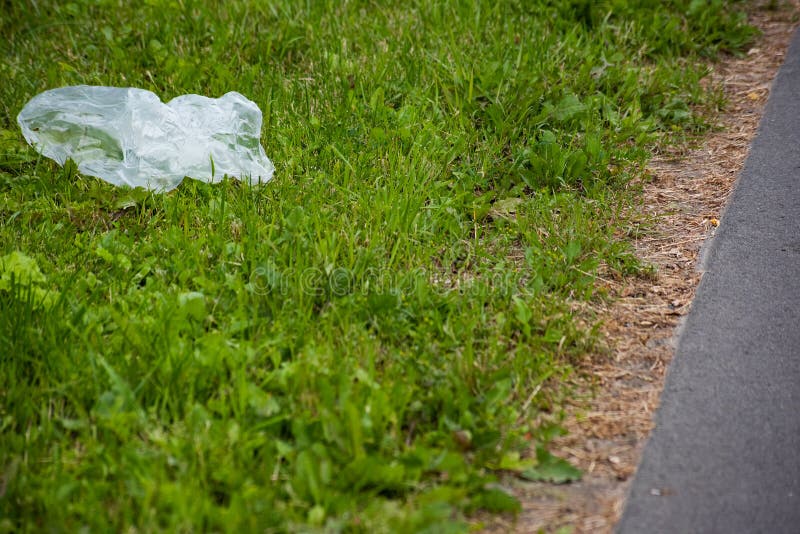 Thrown white bag on the curb with green grass