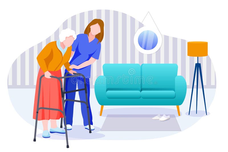 Thuiszorg voor senioren. verpleegkundige of vrijwilliger die voor oudere vrouwen zorgt. vectortekens illustratie
