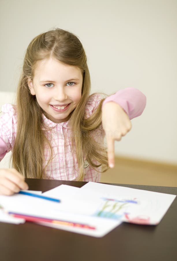 Kids Paint. Child Painting In White Sunny Study Room. Little Girl Drawing  Rainbow. School Kid Doing Art Homework. Arts And Crafts For Kids. Paint On  Children Hands. Creative Little Artist At Work.