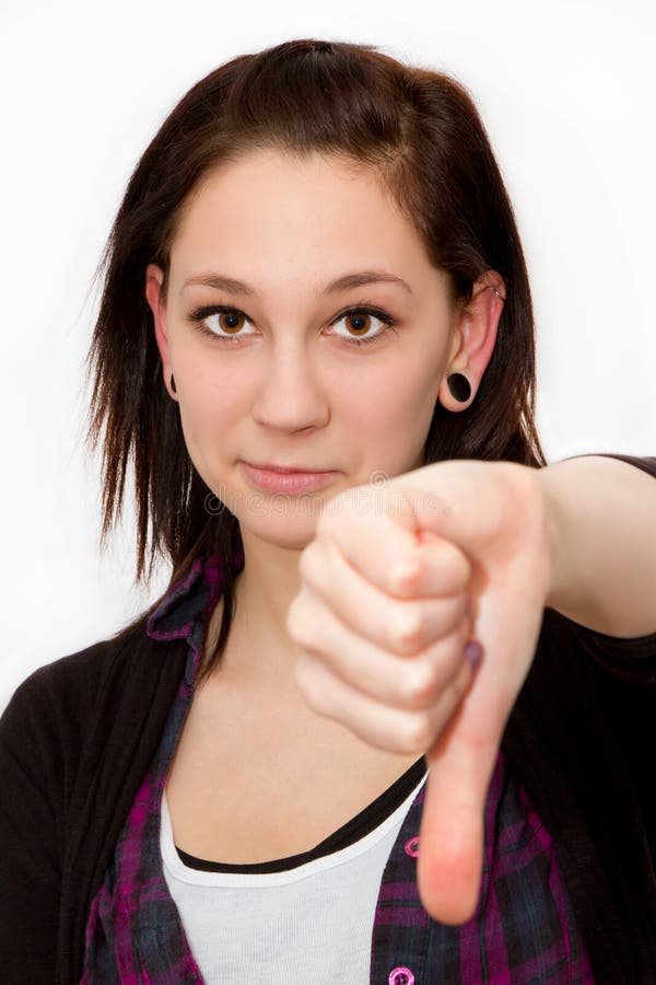 Beautiful Teenage Girl Portrait Gesturing Thumbs Down