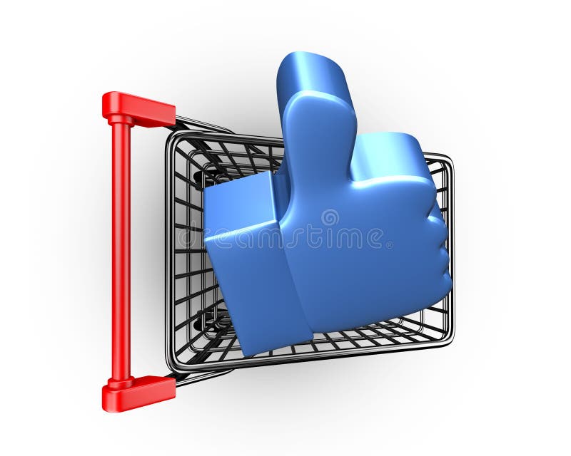 Blue thumb up in shopping cart, isolated on white background, high angle view, 3D rendering. Blue thumb up in shopping cart, isolated on white background, high angle view, 3D rendering.